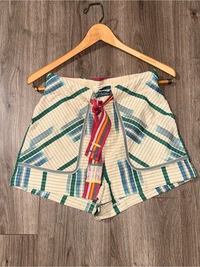 Cotton Shorts Green & Blue Stripes and Multicolor Waist Tie